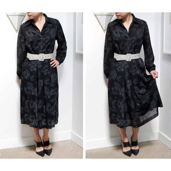 80s Black & Grey Floral Polka Dot Satin Dress w/ Long Sleeves, Stretch Waist - Picture 10 of 10